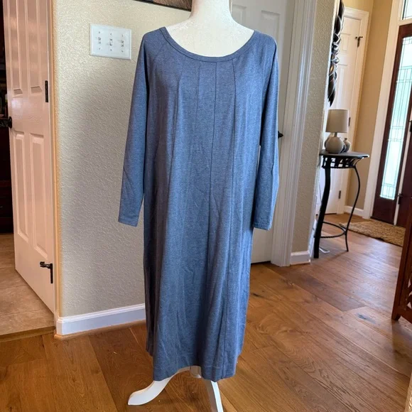NWT J. Jill Seamed 3/4 Sleeve Cotton/Modal Jersey Knit Dress Heathered Blue Sz L - Picture 1 of 8